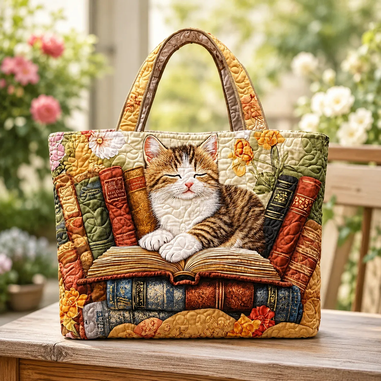 Cozy Cat Books Quilted Tote Bag, Floral Book Lover Carryall Bag for Cat Lovers