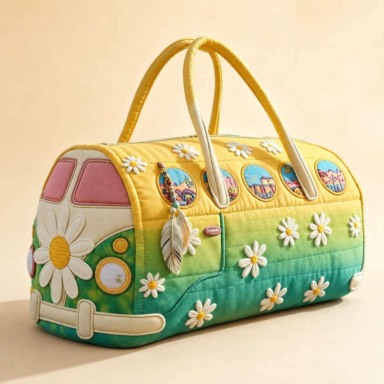 Sunflower Hippie Van Quilted Duffle Bag for Women, Boho Weekender Carry-On Travel Bag, Overnight Duffel Bag