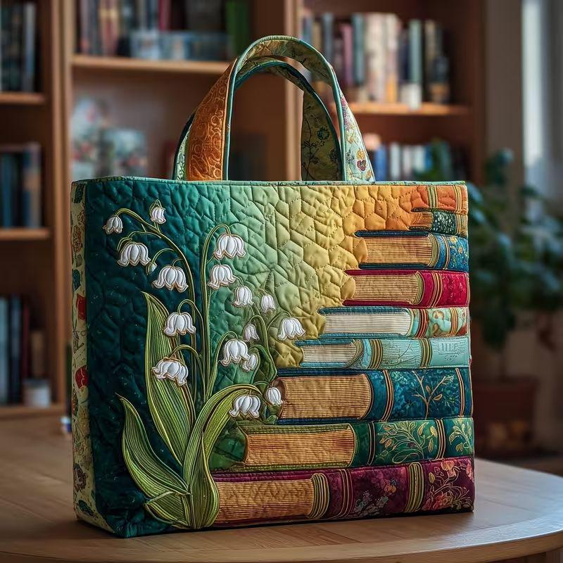 Book Lovers Butterfly Flower Quilted Tote Bag, Large Capacity Vintage Boho Style Tote Bag