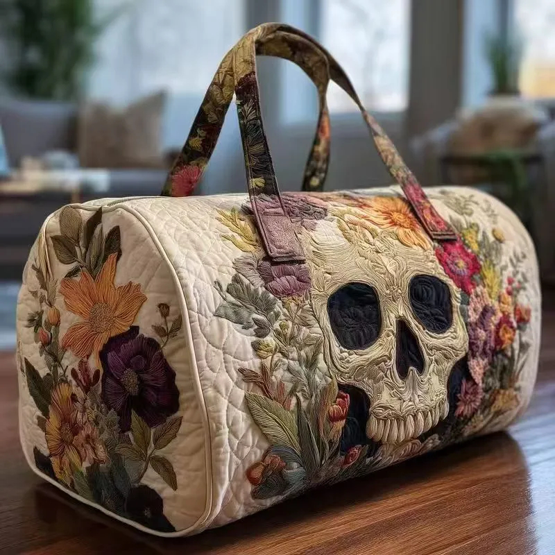 Floral Skull Quilted Duffle Bag, Handle Carry Travel Bag