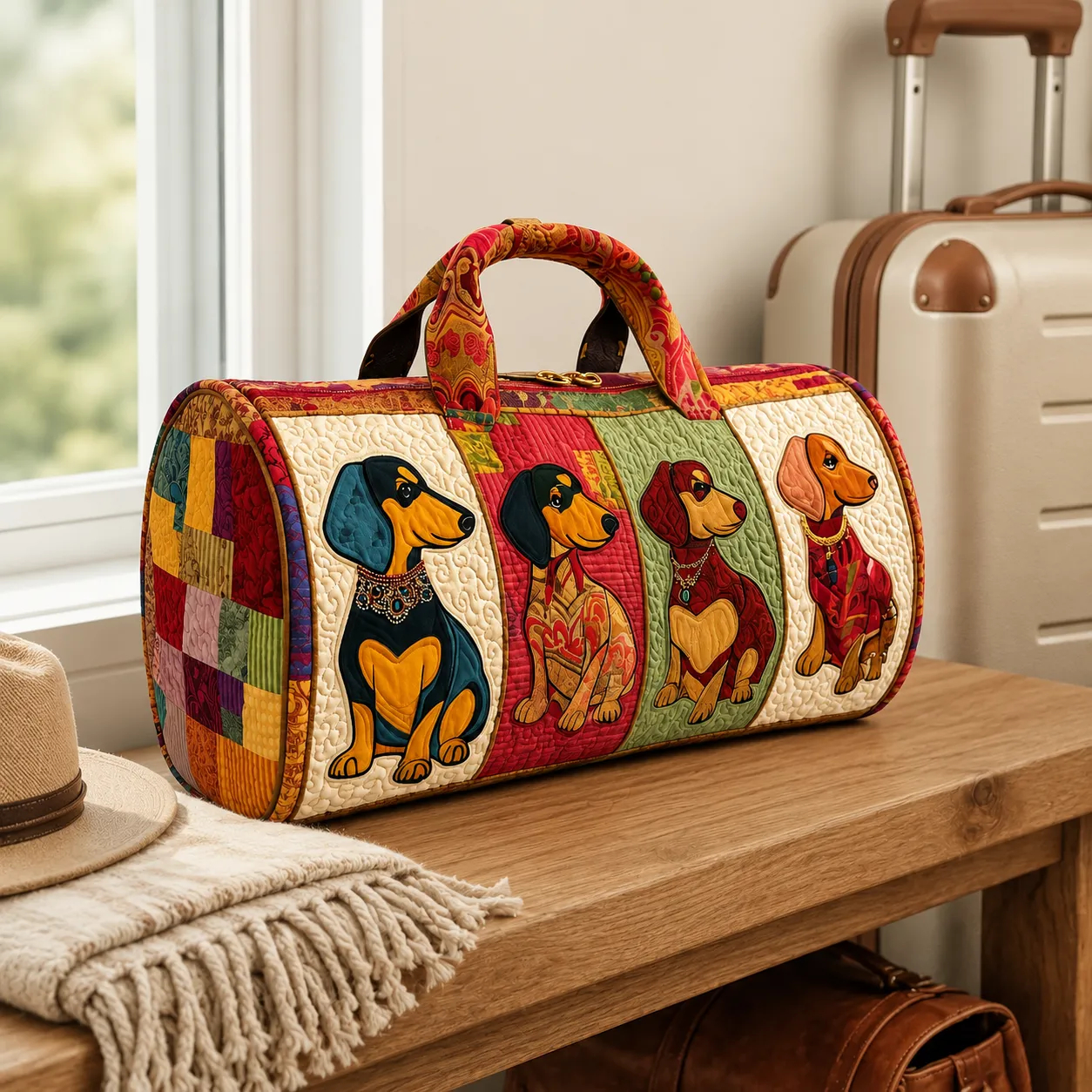Dachshund Patchwork Quilted Duffle Bag, Sausage Dog Weekender Travel Tote with Handles