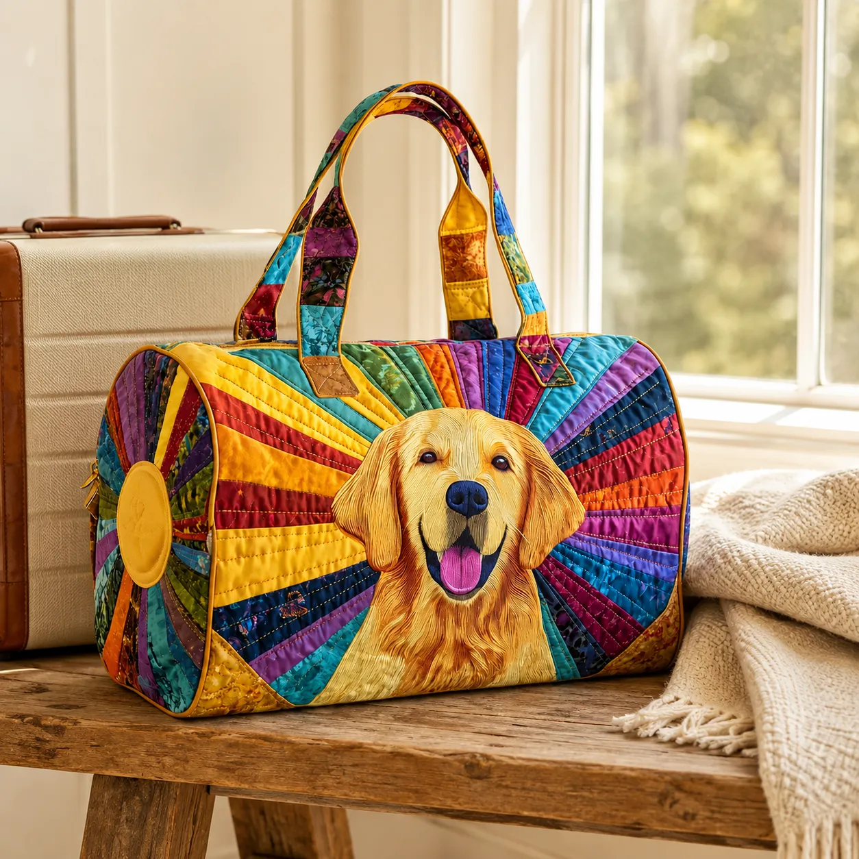 Golden Retriever Quilted Duffle Bag, Colorful Patchwork Dog Weekender Travel Tote