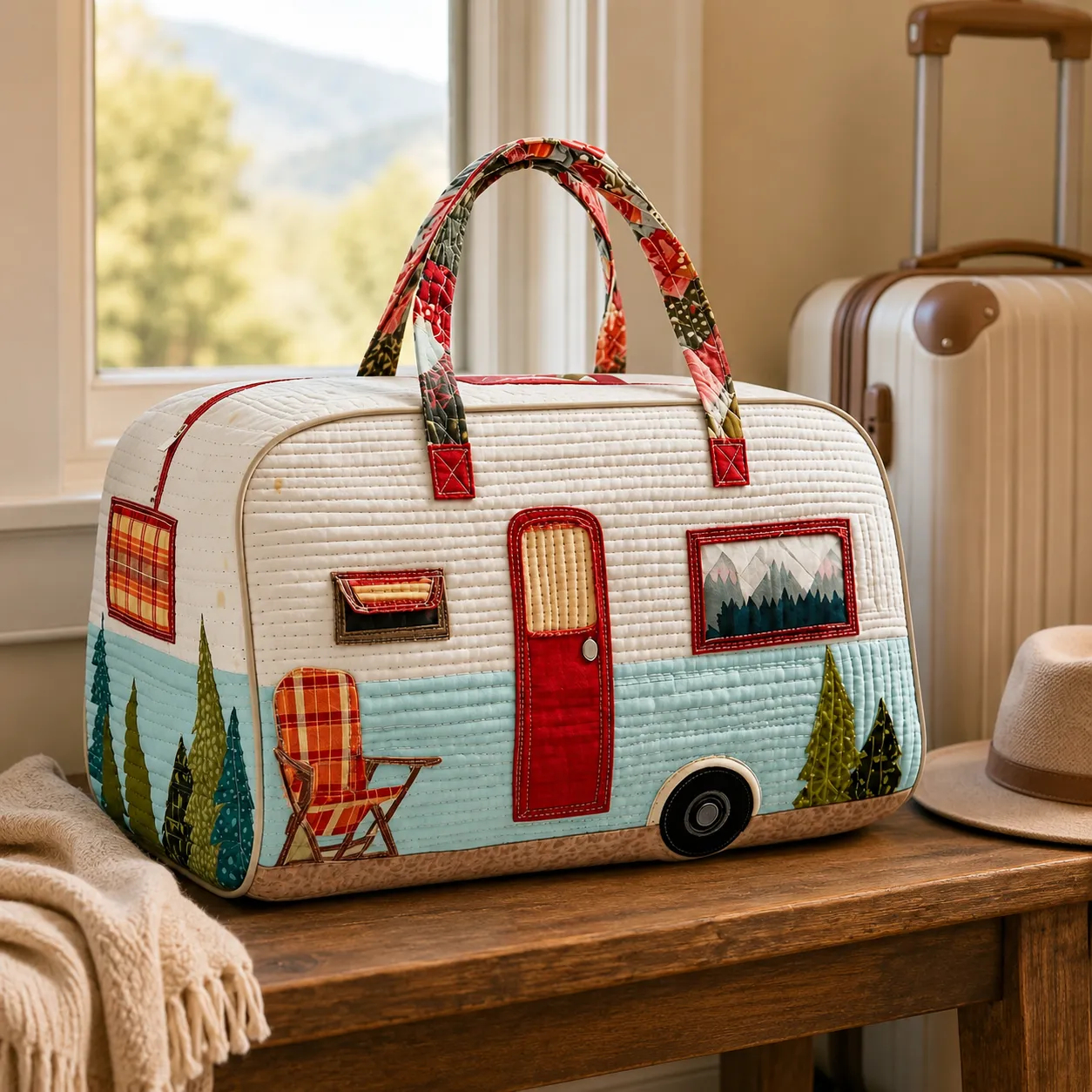 Hippie Journey Quilted Duffel Bag, Floral Van Weekender Travel Bag