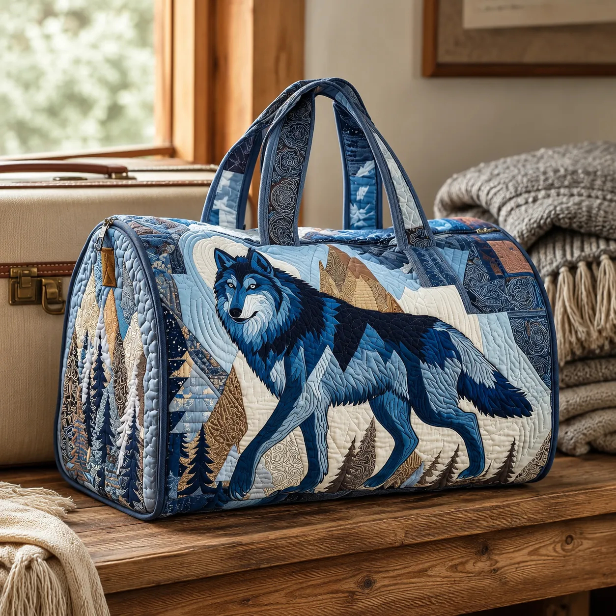 Wolf Quilted Duffel Bag, Blue Mountain Forest Weekender Travel Bag