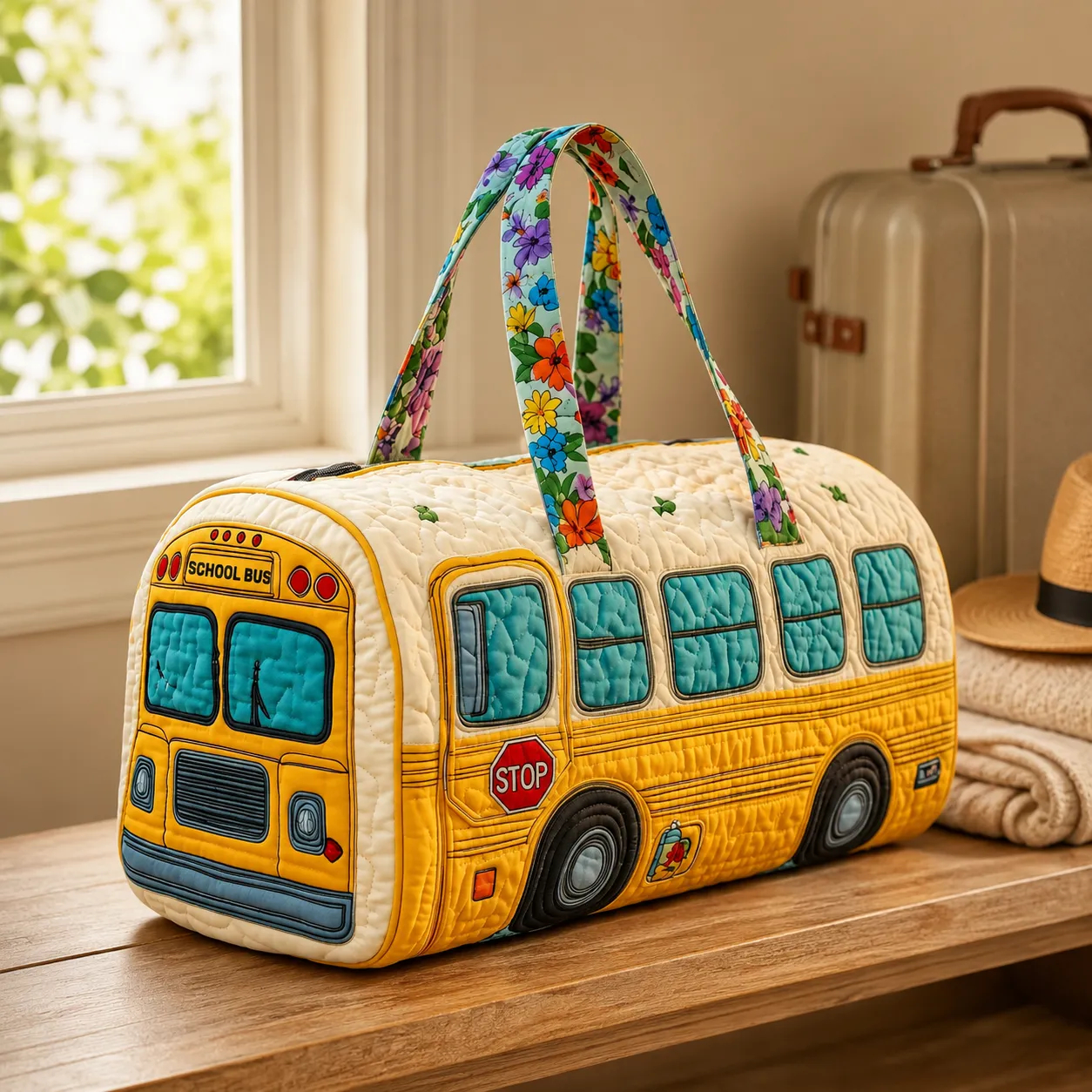 School Bus Quilted Travel Bag, Colorful Floral Handle Duffel Tote Bag