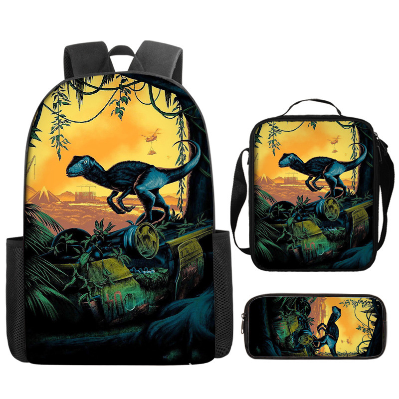 Jurassic World Backpacks 3Pcs, Anime Lightweight Backpack with Pencil Bag & Lunch Bag, Jurassic World Travel Backpack New Semester Gifts for Teens