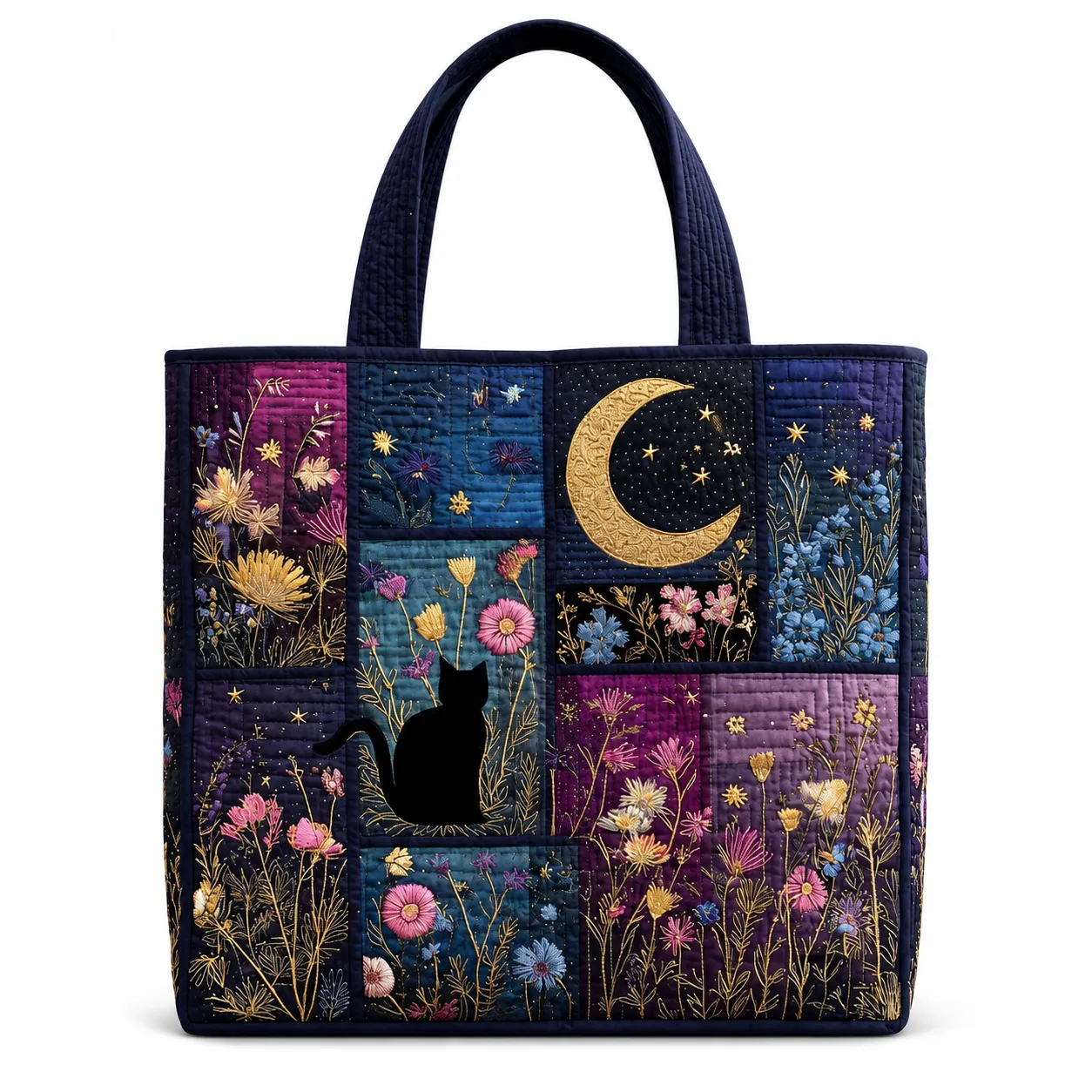 Black Cat Moon Garden Quilted Tote Bag, Floral Starry Night Cat Lover Carryall Bag
