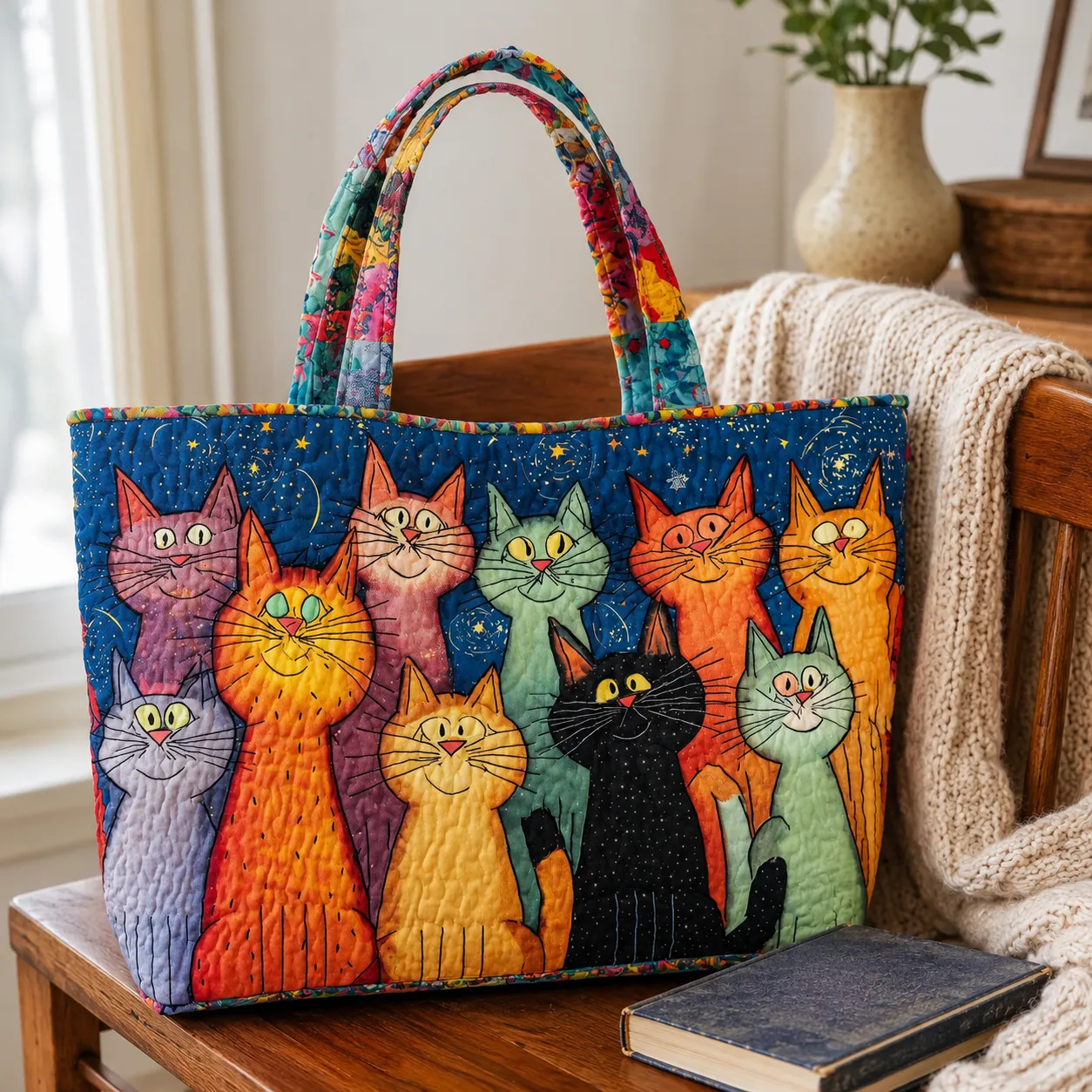 Colorful Cats Quilted Tote Bag, Starry Night Cat Lover Carryall Bag