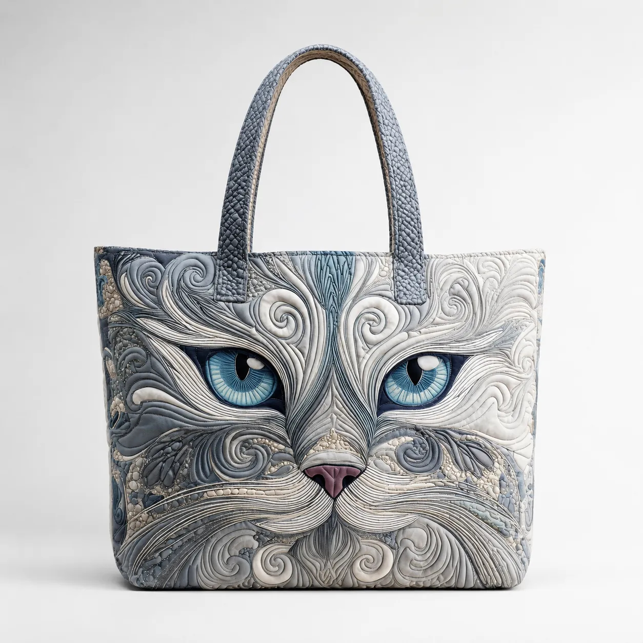 Blue-Eyed Cat Face Quilted Tote Bag, Elegant Grey Cat Lover Carryall Bag