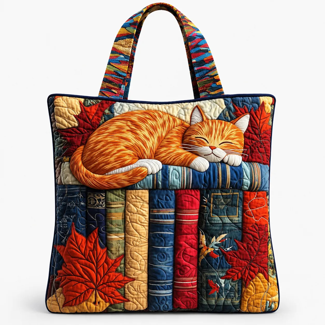 Sleeping Orange Cat Books Quilted Tote Bag, Autumn Leaves Book Lover Carryall Bag