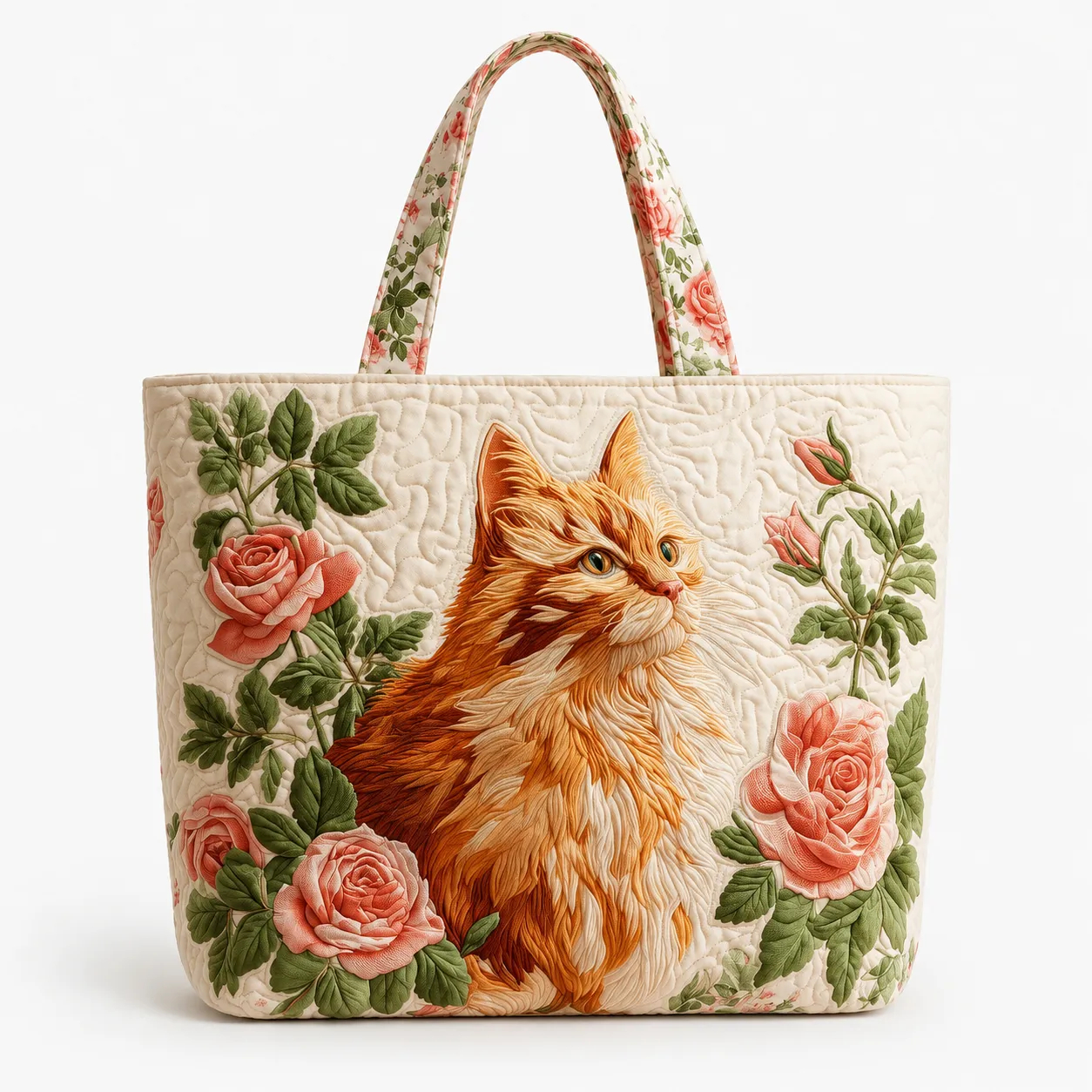 Orange Cat Pink Roses Quilted Tote Bag, Floral Cat Lover Carryall Bag