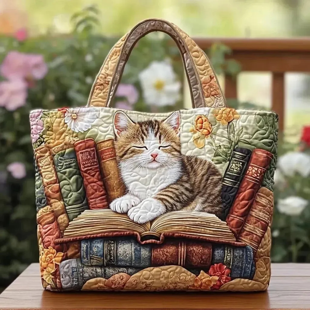 Cozy Cat Books Quilted Tote Bag, Floral Book Lover Carryall Bag for Cat Lovers