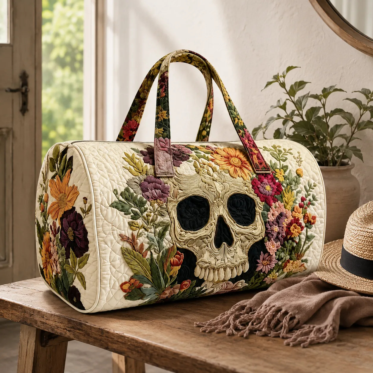 Floral Skull Quilted Duffle Bag, Handle Carry Travel Bag