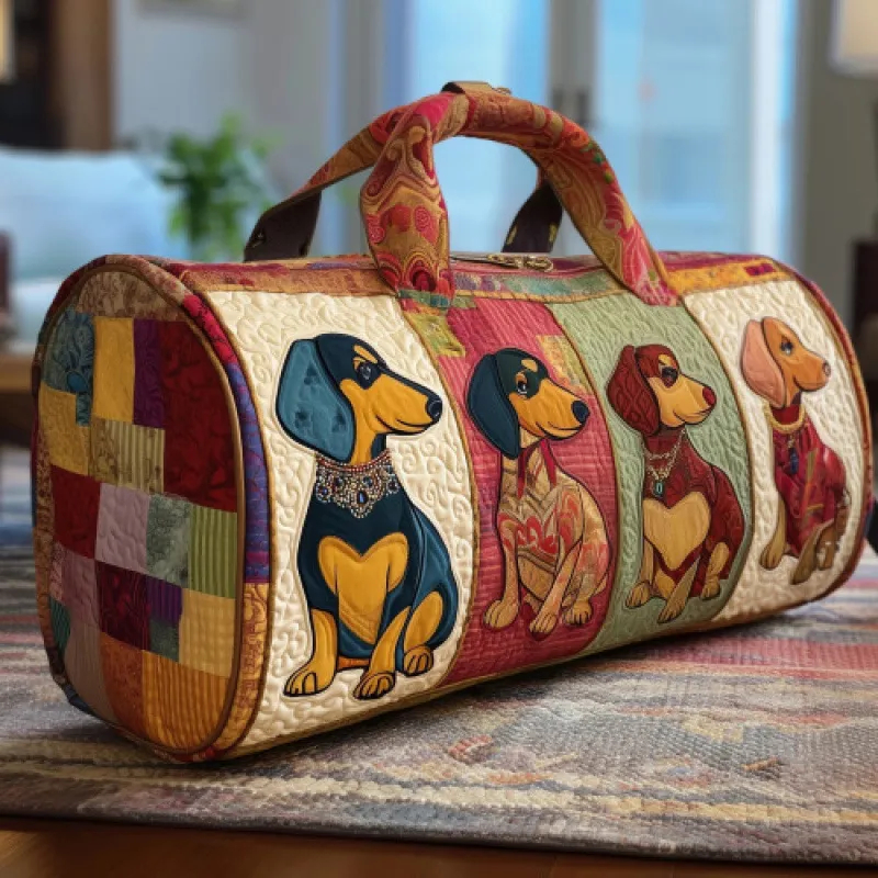 Dachshund Patchwork Quilted Duffle Bag, Sausage Dog Weekender Travel Tote with Handles