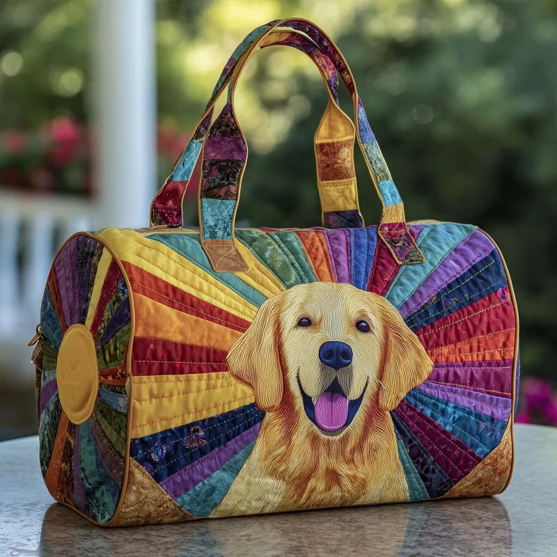 Golden Retriever Quilted Duffle Bag, Colorful Patchwork Dog Weekender Travel Tote