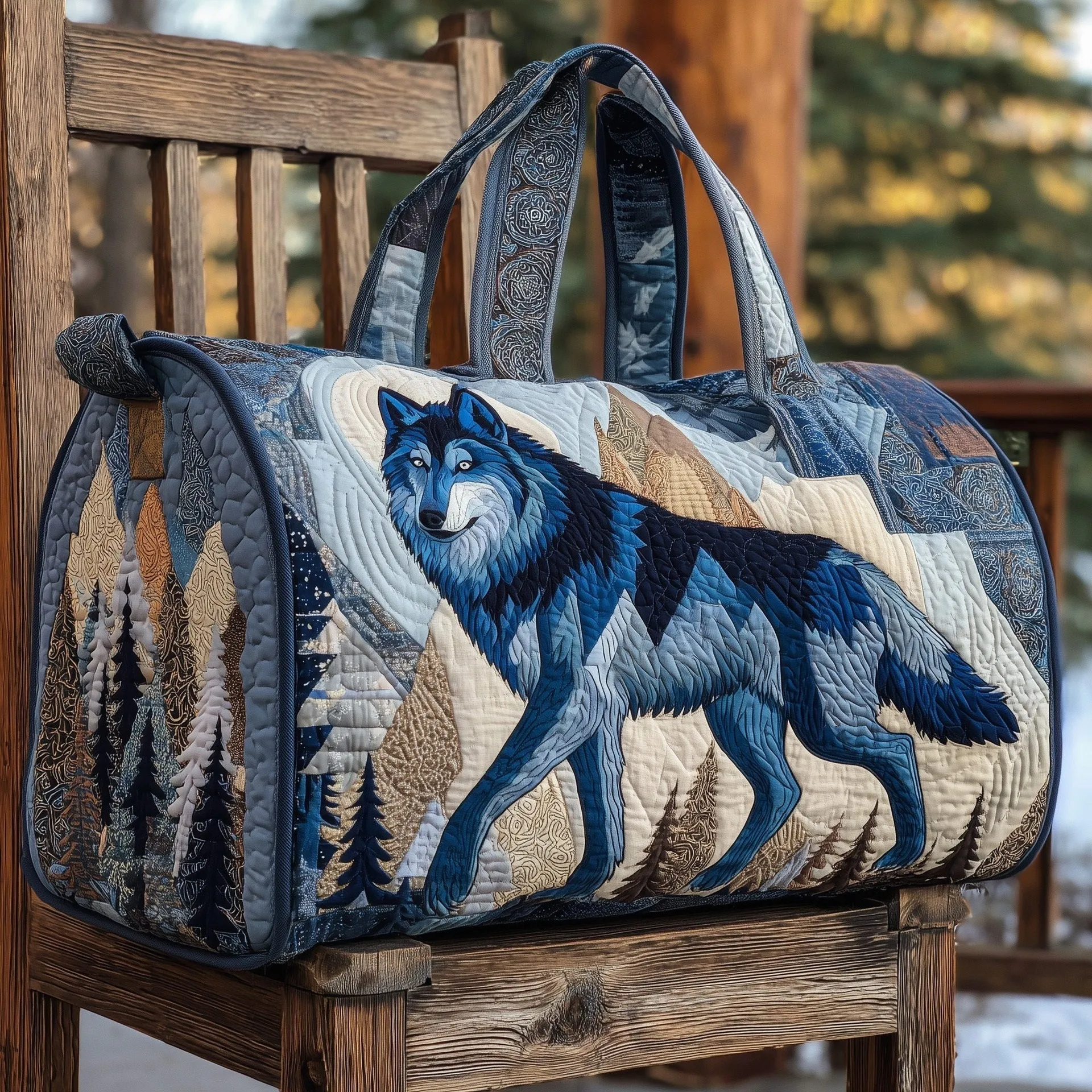Wolf Quilted Duffel Bag, Blue Mountain Forest Weekender Travel Bag