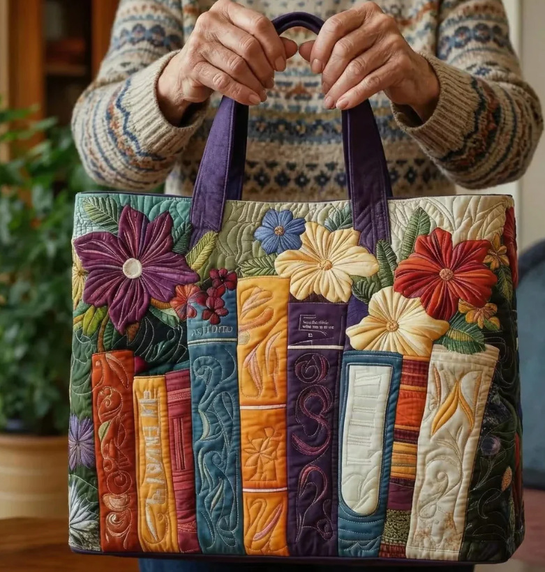 Book Lover Quilted Tote Bag Floral Books Quilt Handbag Books Quilt Bag Gift for Women Readers