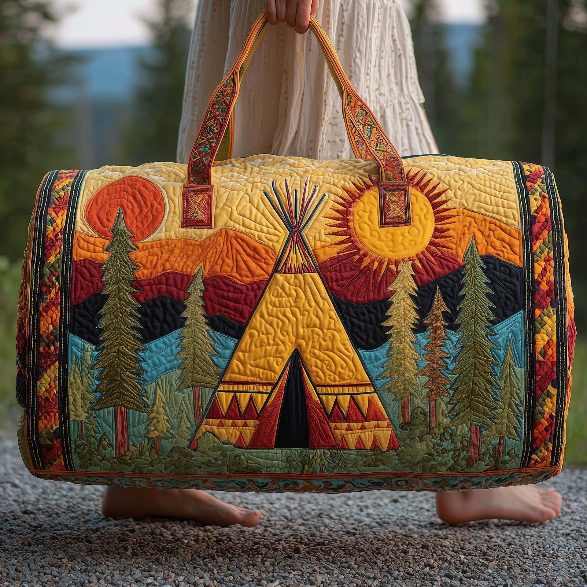 Hippie Van Quilted Duffle Bag, Boho Travel Weekender Bag with Strap, Retro Style for Everyday Travel