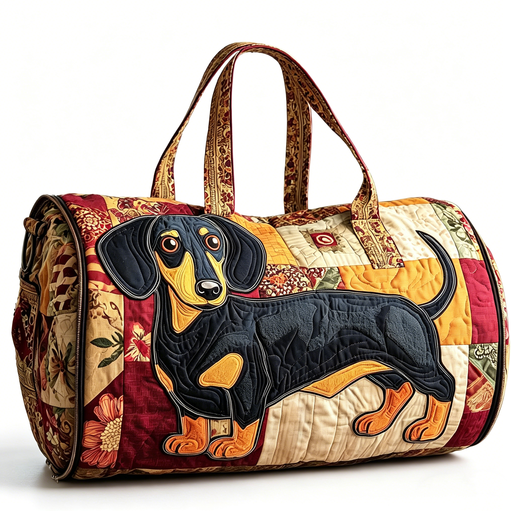 Dachshund Quilted Duffle Bag, Fall Pumpkin Dog Travel Weekender Bag, Carry On Bag Vintage Floral Weekender Travel Bag,Large Capacity Lightweight Gym Tote for Women