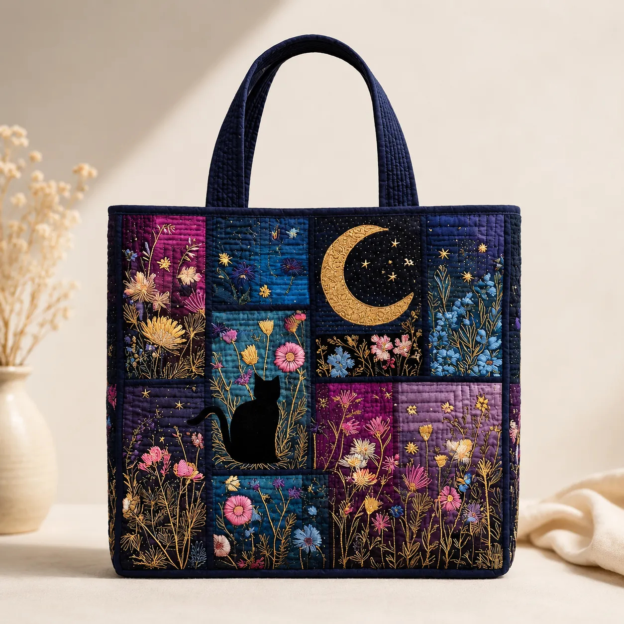 Black Cat Moon Garden Quilted Tote Bag, Floral Starry Night Cat Lover Carryall Bag