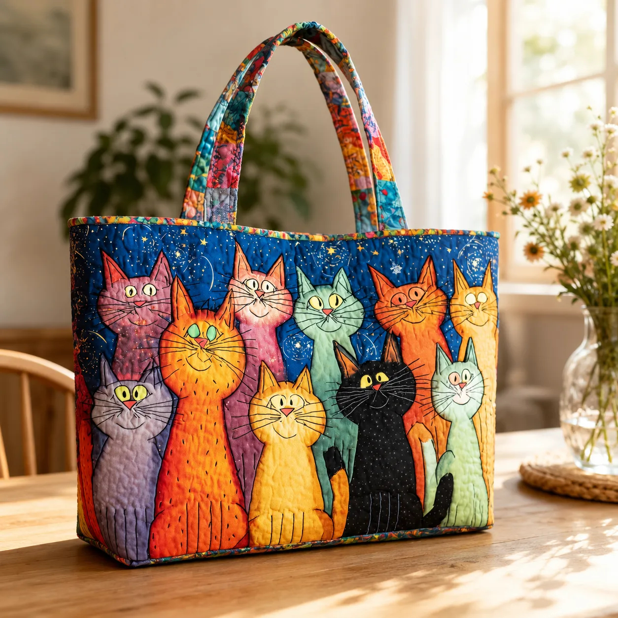Colorful Cats Quilted Tote Bag, Starry Night Cat Lover Carryall Bag
