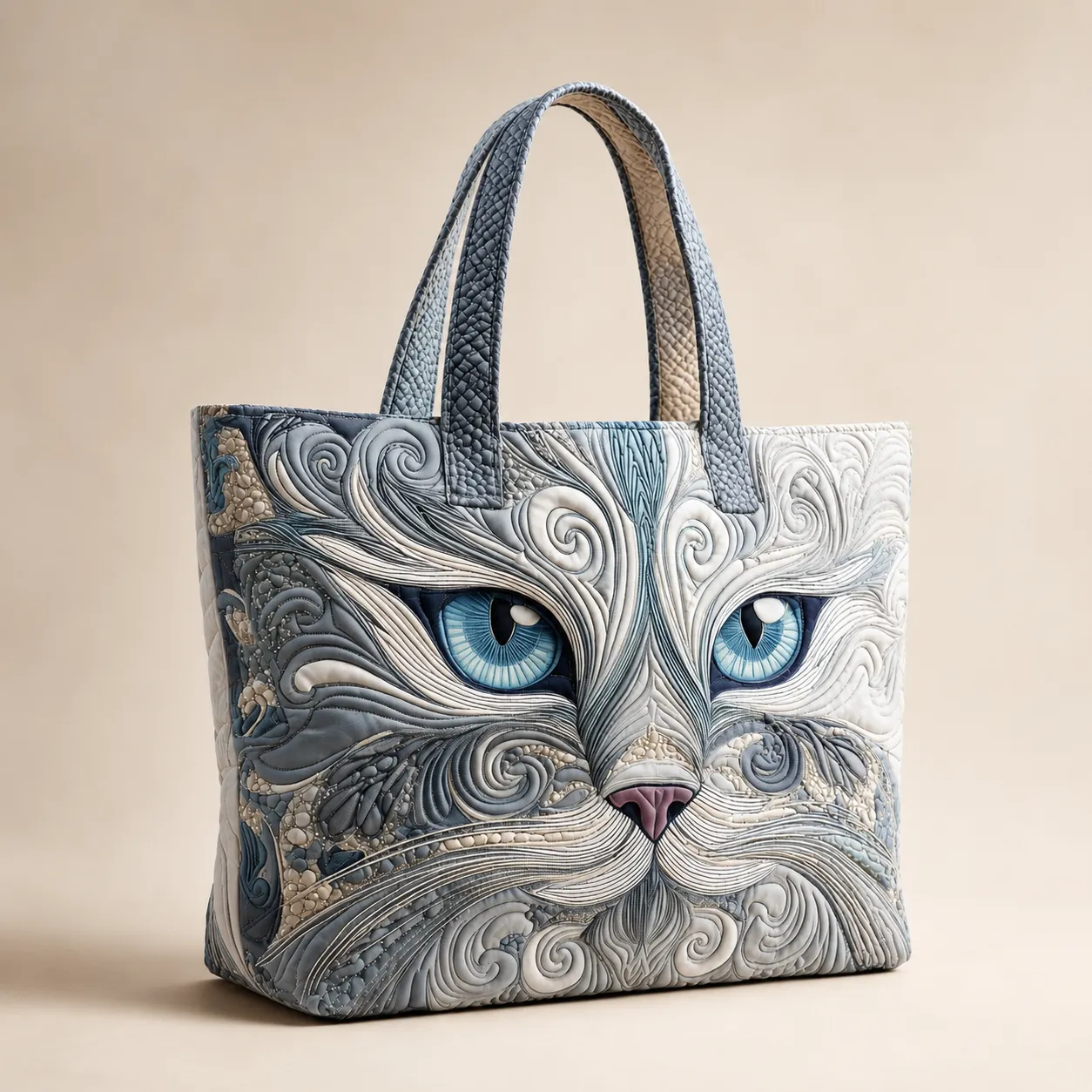 Blue-Eyed Cat Face Quilted Tote Bag, Elegant Grey Cat Lover Carryall Bag