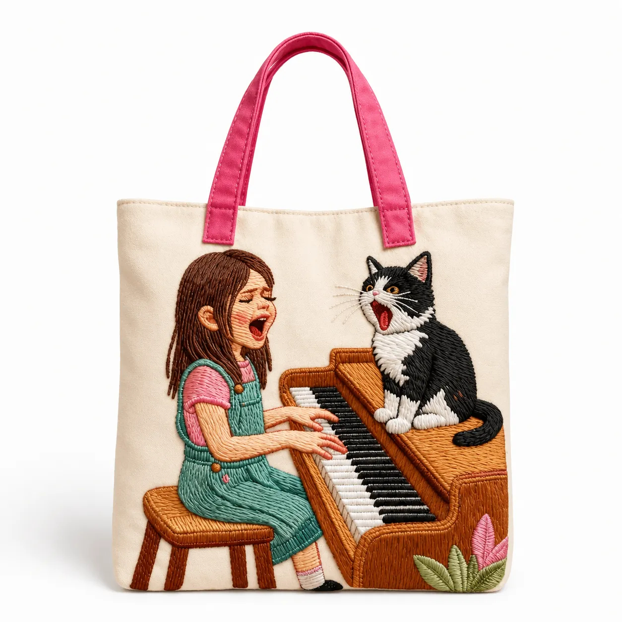 Girl Playing Piano Singing Cat Quilted Tote Bag, Cute Music Lover Carryall Bag