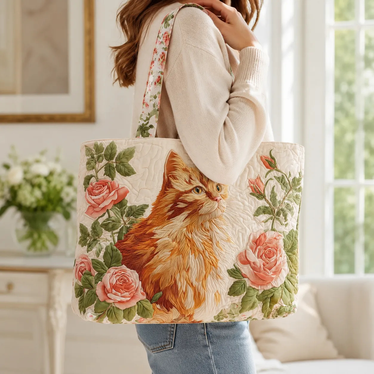 Orange Cat Pink Roses Quilted Tote Bag, Floral Cat Lover Carryall Bag