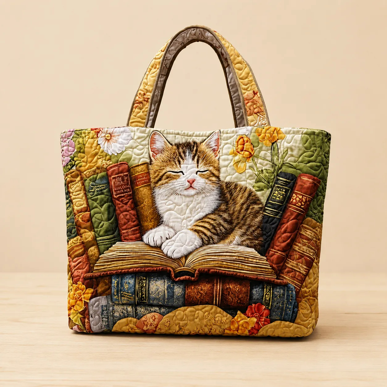 Cozy Cat Books Quilted Tote Bag, Floral Book Lover Carryall Bag for Cat Lovers