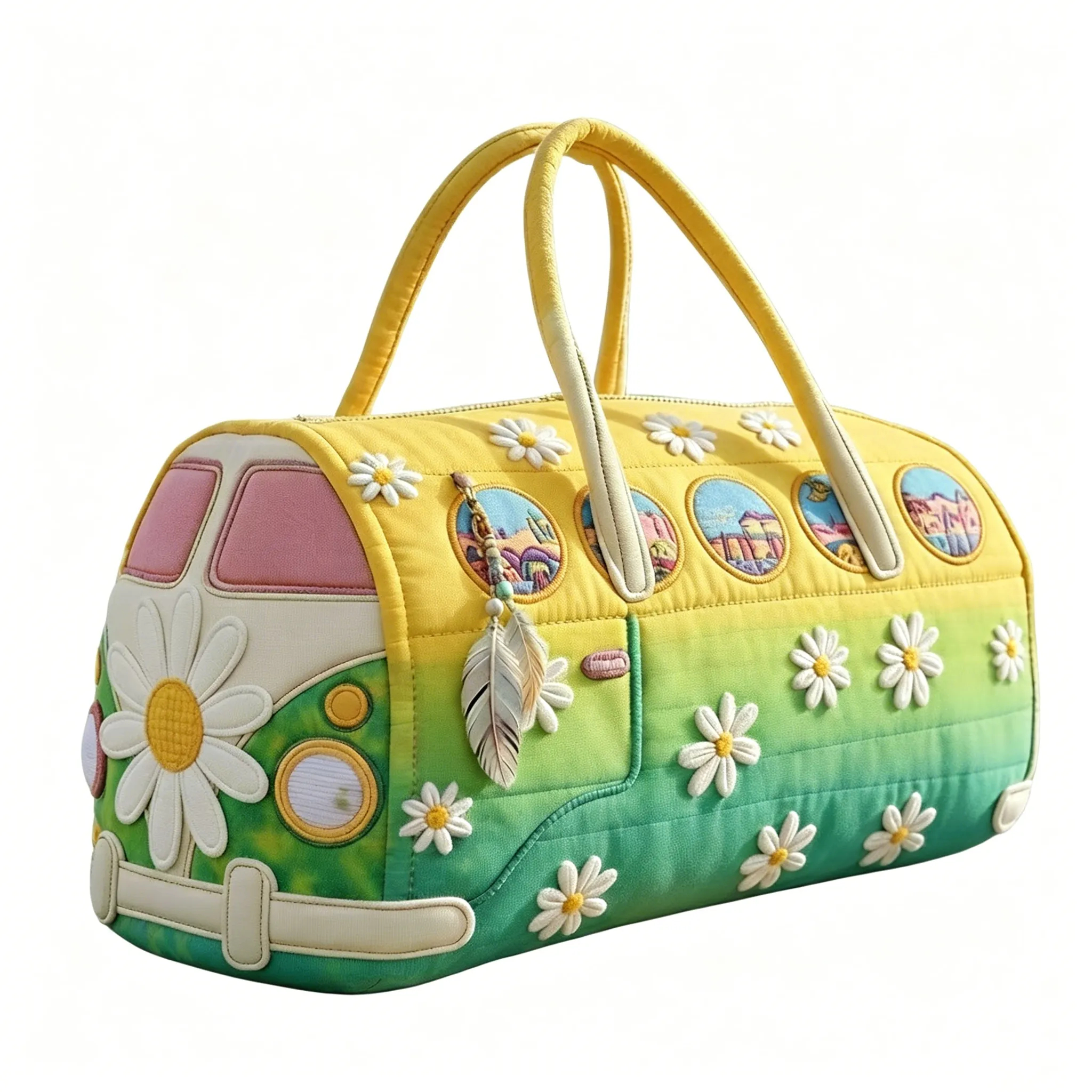 Sunflower Hippie Van Quilted Duffle Bag for Women, Boho Weekender Carry-On Travel Bag, Overnight Duffel Bag
