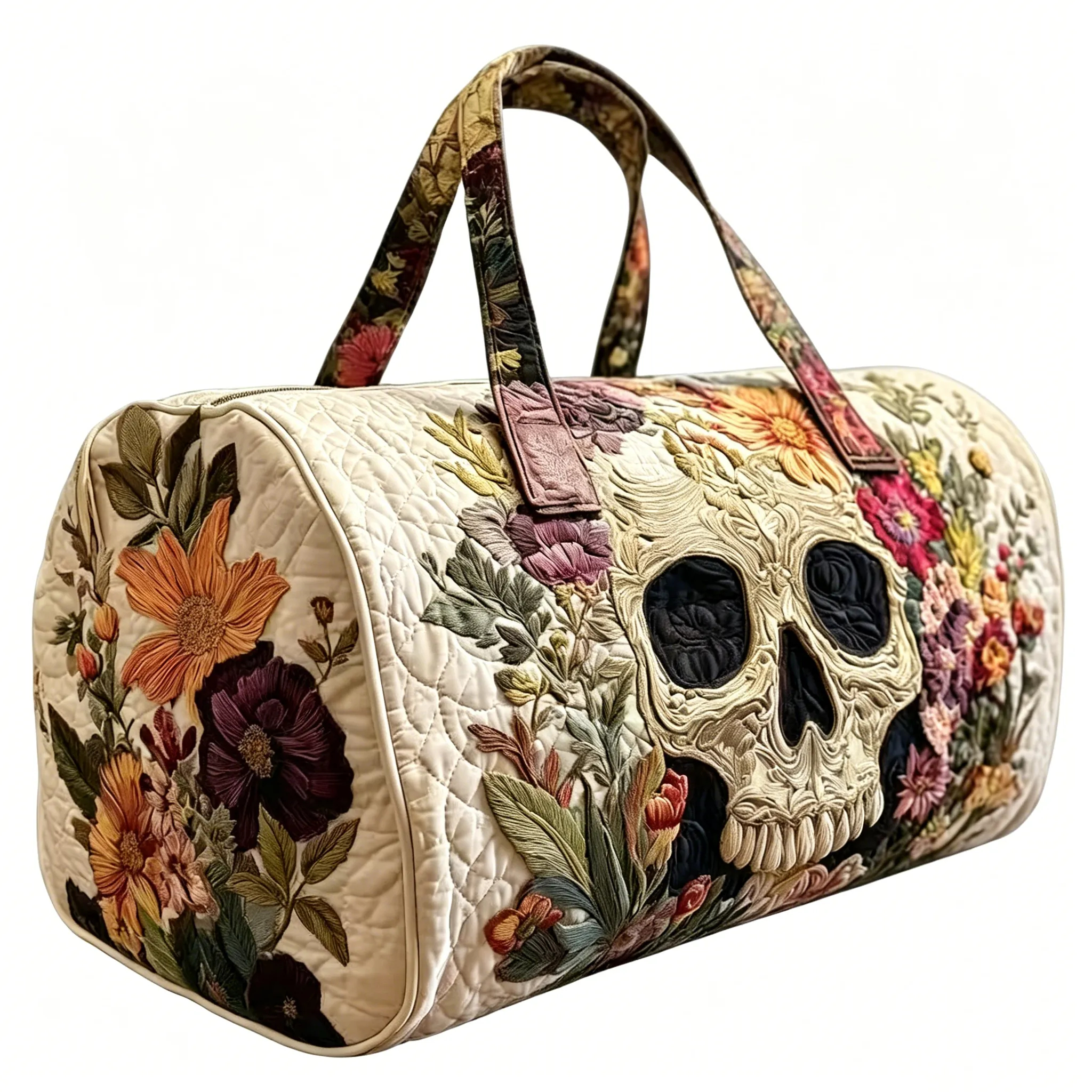Floral Skull Quilted Duffle Bag, Handle Carry Travel Bag