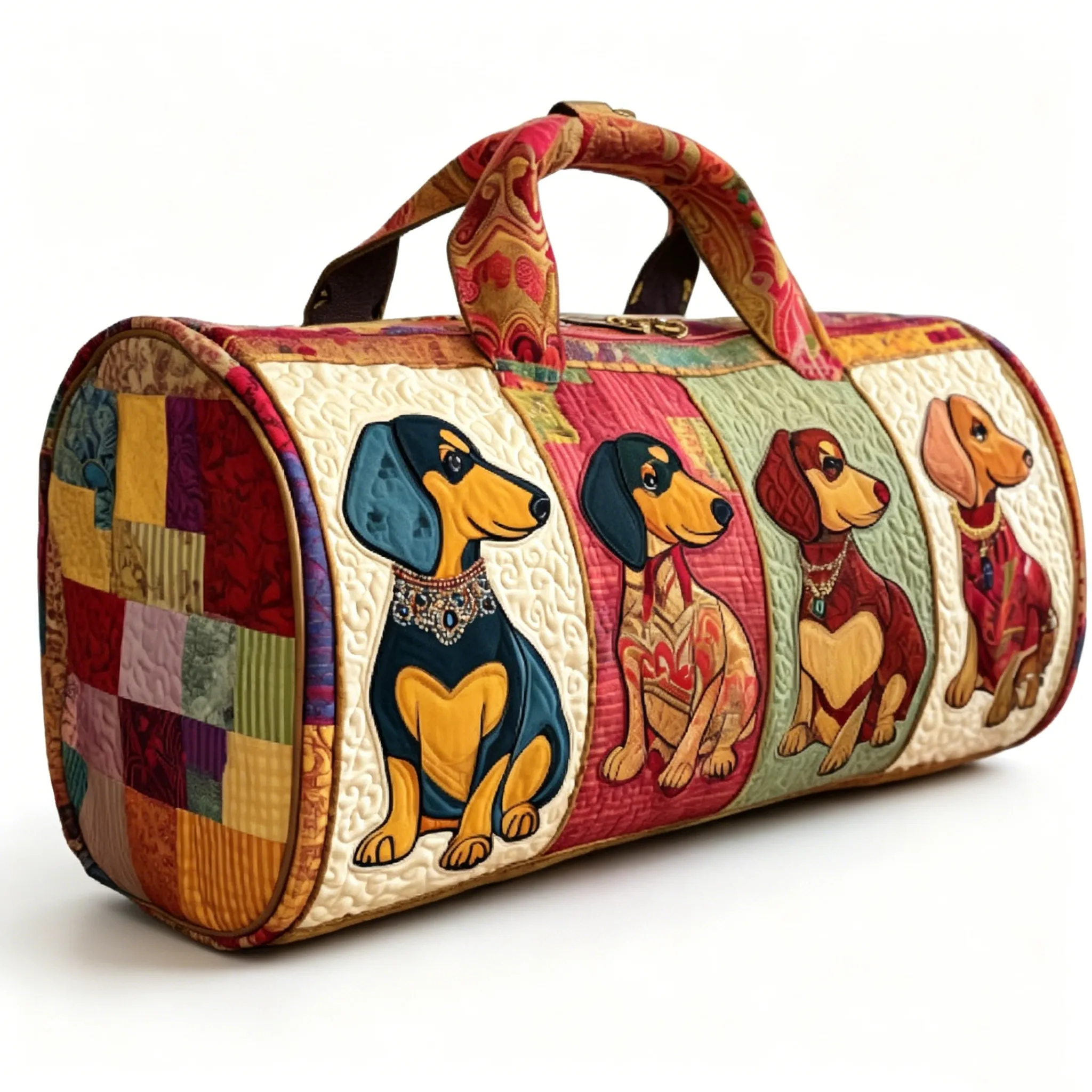 Dachshund Patchwork Quilted Duffle Bag, Sausage Dog Weekender Travel Tote with Handles