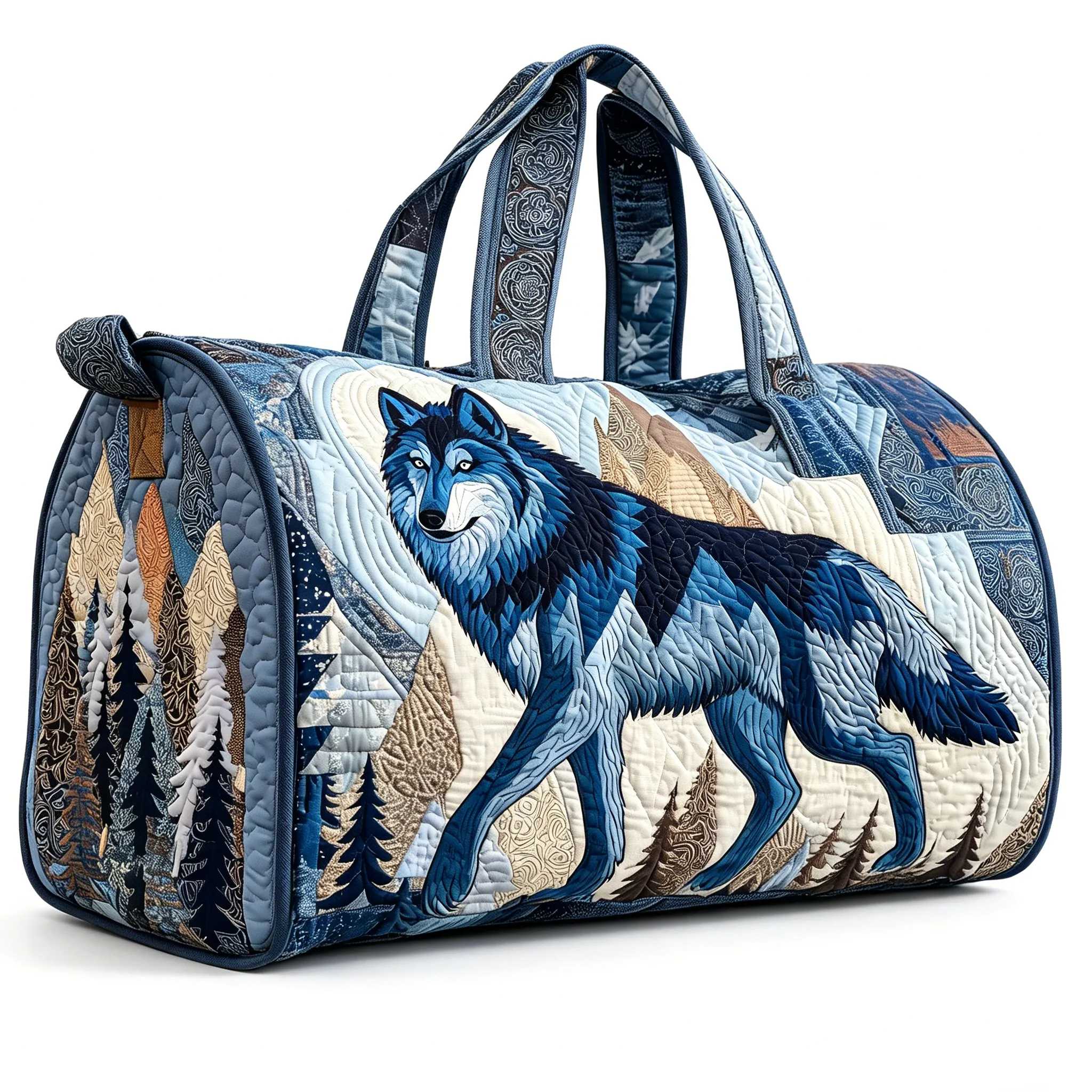 Wolf Quilted Duffel Bag, Blue Mountain Forest Weekender Travel Bag