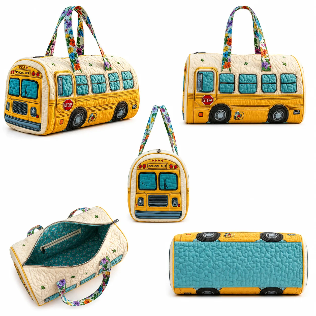 School Bus Quilted Travel Bag, Colorful Floral Handle Duffel Tote Bag