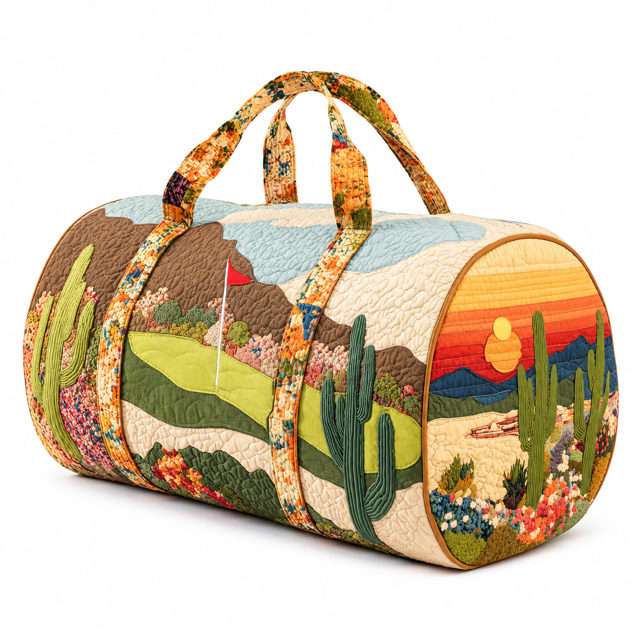 Cactus Hippie Camper Quilted Duffle Bag, Boho Desert Travel Bag
