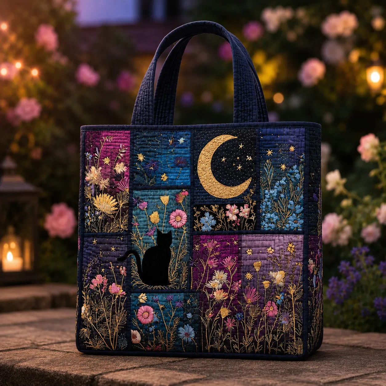 Black Cat Moon Garden Quilted Tote Bag, Floral Starry Night Cat Lover Carryall Bag