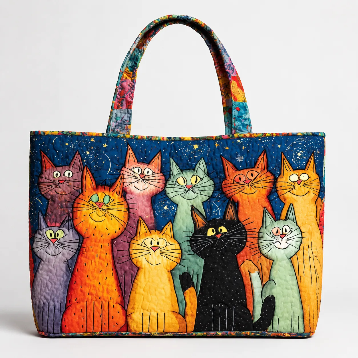 Colorful Cats Quilted Tote Bag, Starry Night Cat Lover Carryall Bag