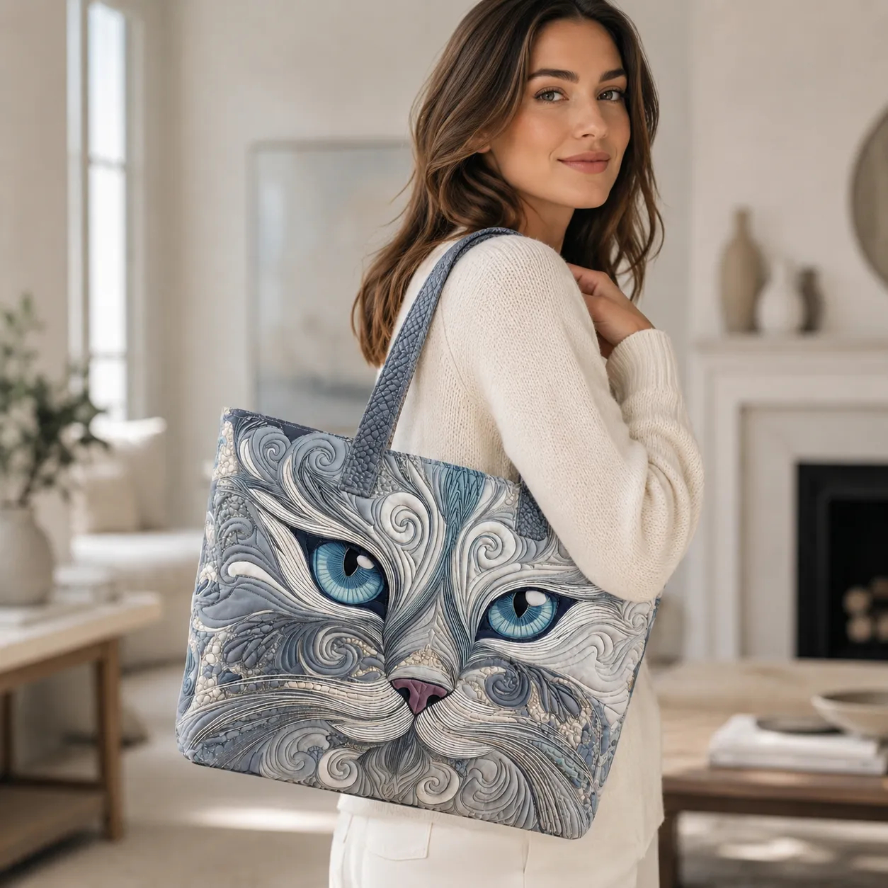 Blue-Eyed Cat Face Quilted Tote Bag, Elegant Grey Cat Lover Carryall Bag