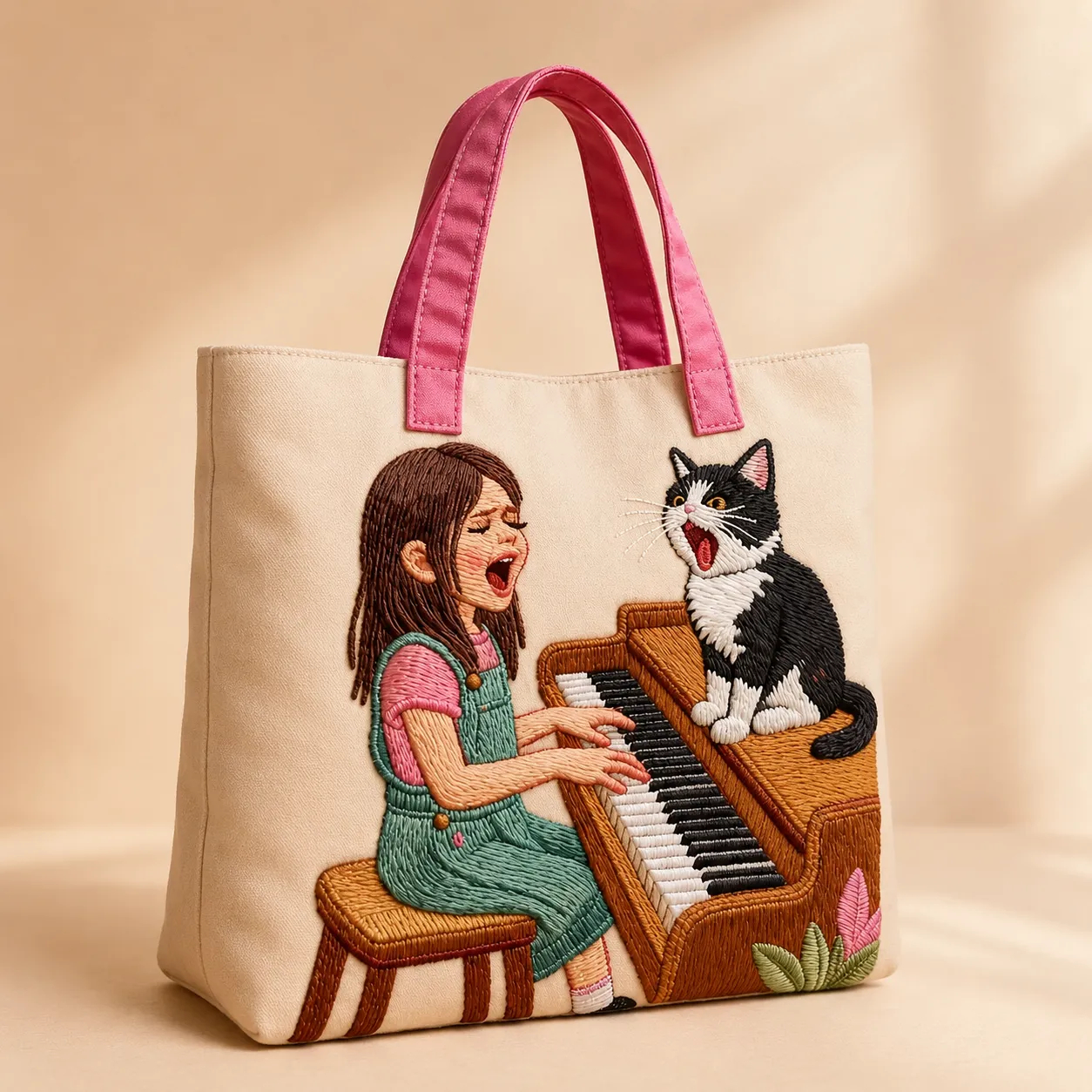 Girl Playing Piano Singing Cat Quilted Tote Bag, Cute Music Lover Carryall Bag