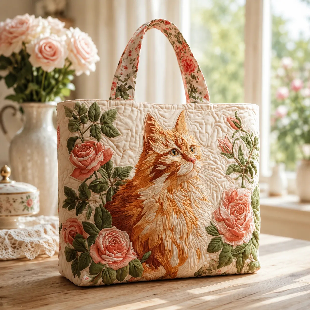 Orange Cat Pink Roses Quilted Tote Bag, Floral Cat Lover Carryall Bag