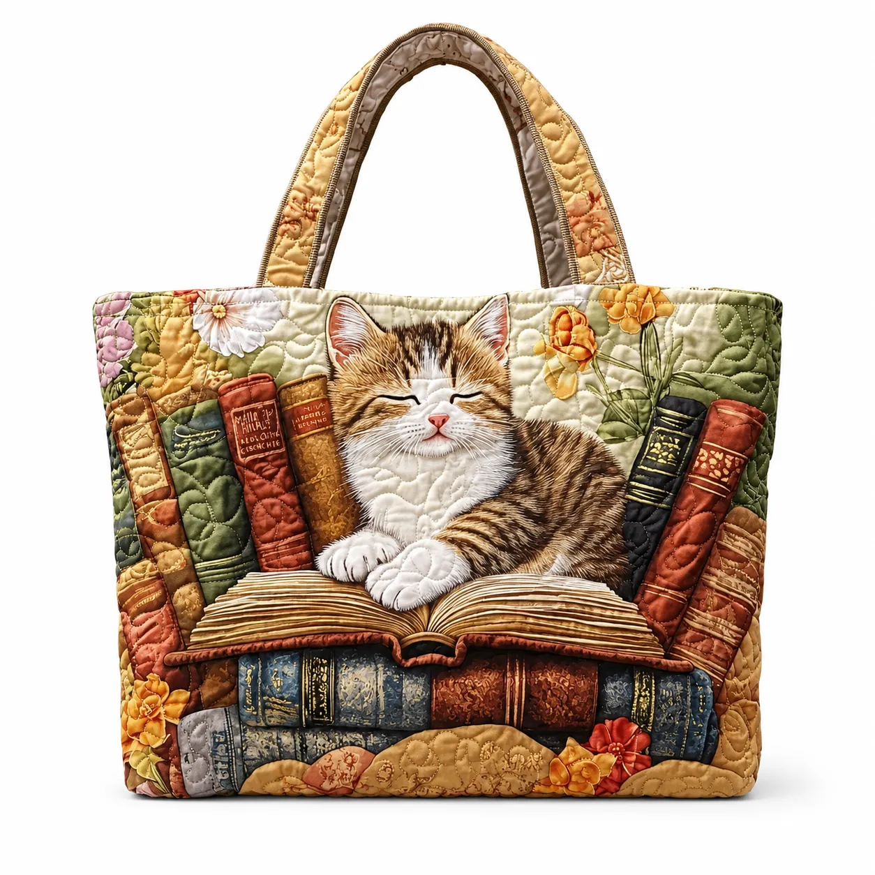 Cozy Cat Books Quilted Tote Bag, Floral Book Lover Carryall Bag for Cat Lovers