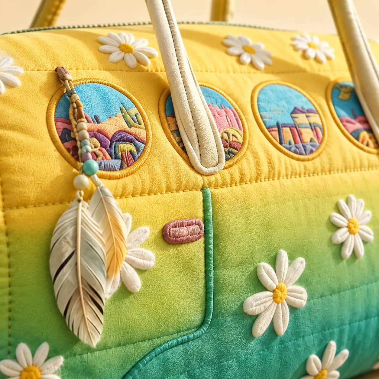 Sunflower Hippie Van Quilted Duffle Bag for Women, Boho Weekender Carry-On Travel Bag, Overnight Duffel Bag