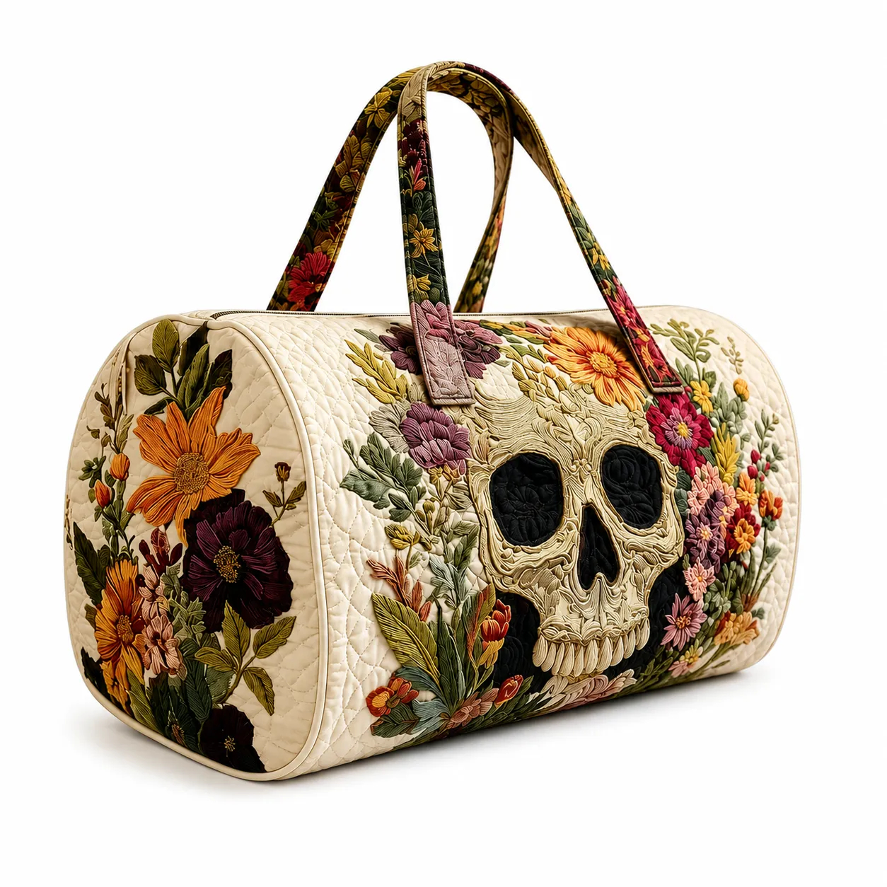 Floral Skull Quilted Duffle Bag, Handle Carry Travel Bag