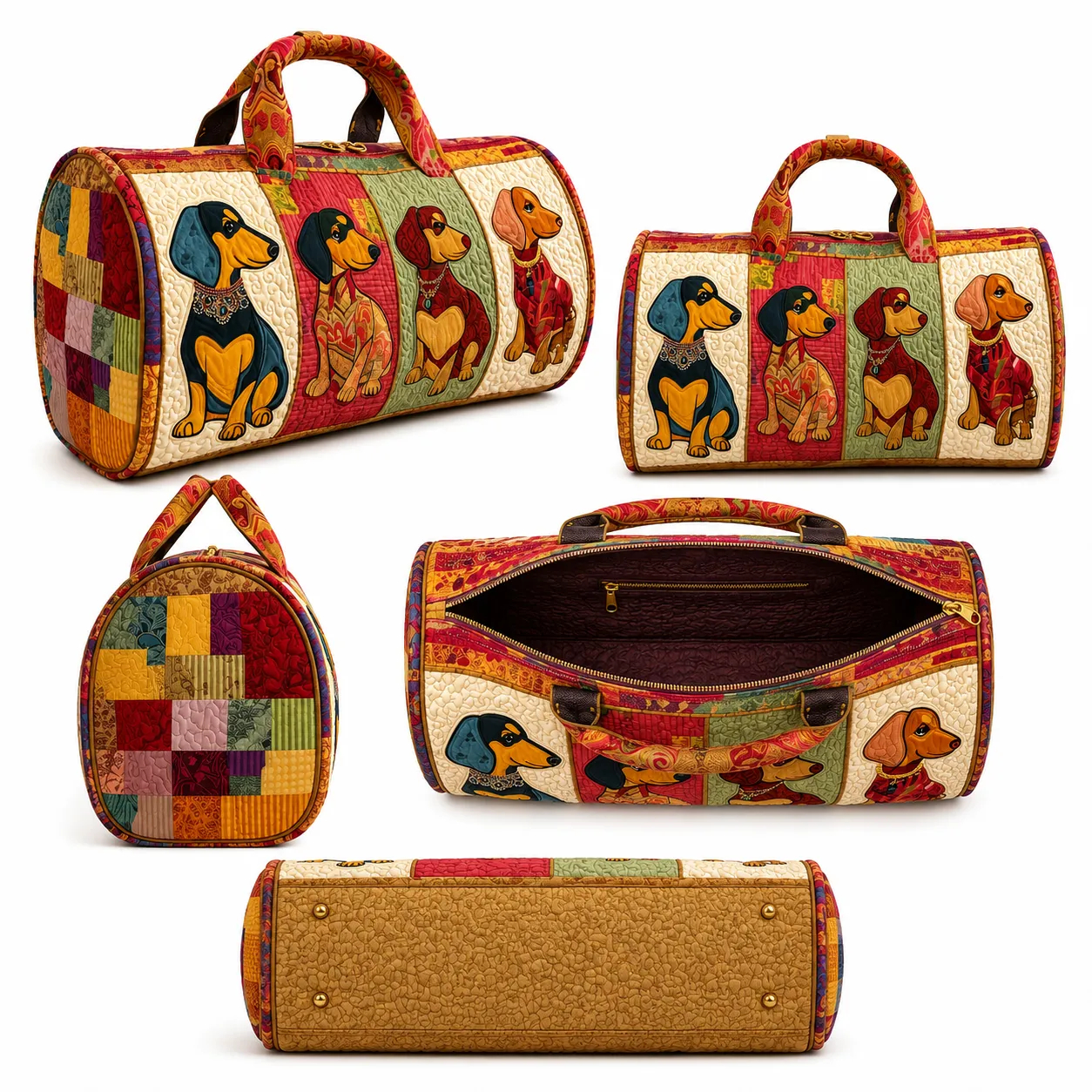 Dachshund Patchwork Quilted Duffle Bag, Sausage Dog Weekender Travel Tote with Handles