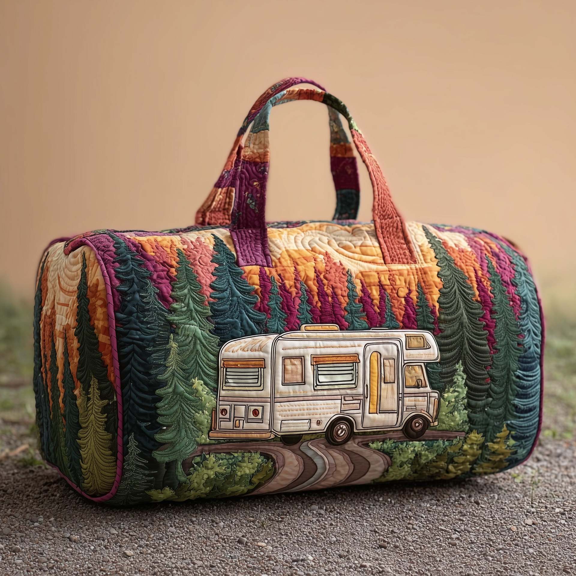 Camper Van Quilted Duffle Bag, Cottagecore Travel Tote, Retro Overnight Bag
