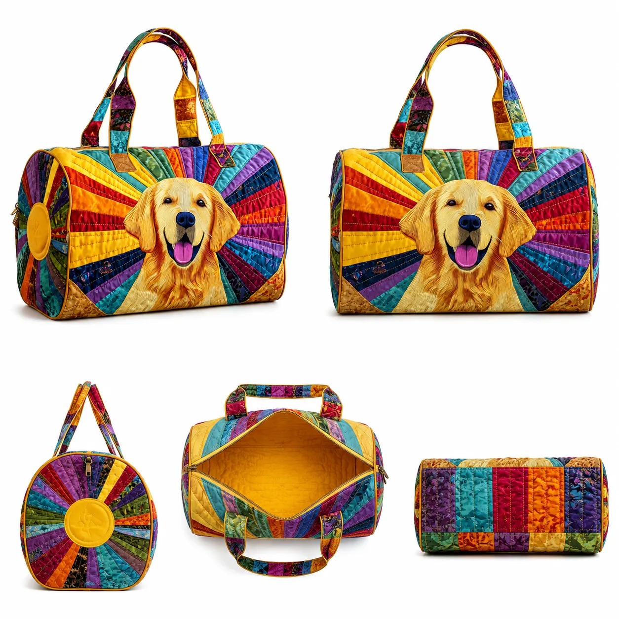 Golden Retriever Quilted Duffle Bag, Colorful Patchwork Dog Weekender Travel Tote