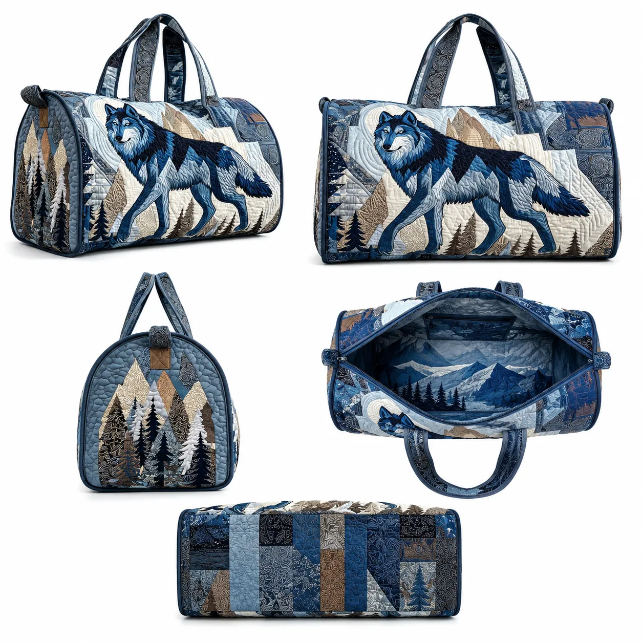 Wolf Quilted Duffel Bag, Blue Mountain Forest Weekender Travel Bag