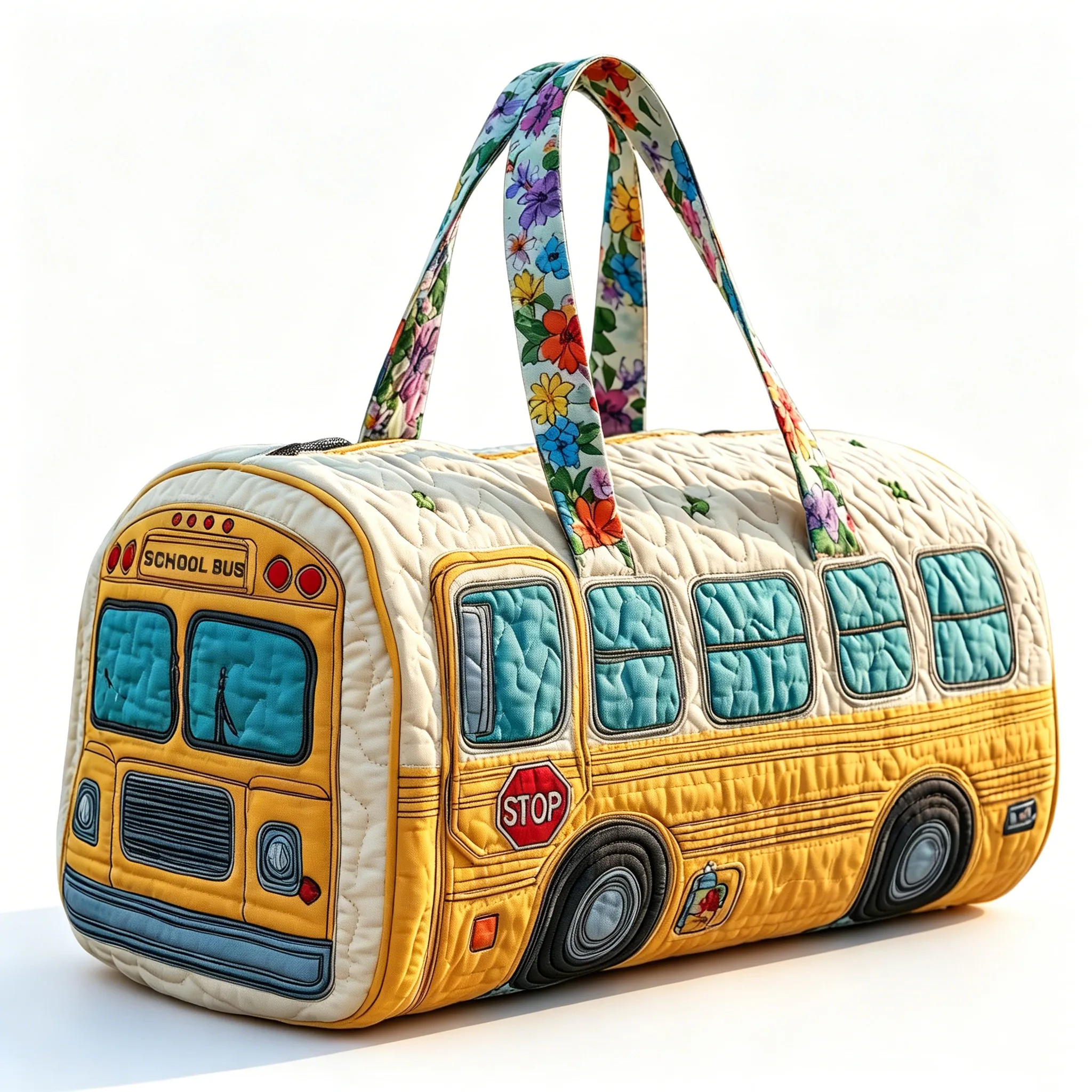 School Bus Quilted Travel Bag, Colorful Floral Handle Duffel Tote Bag