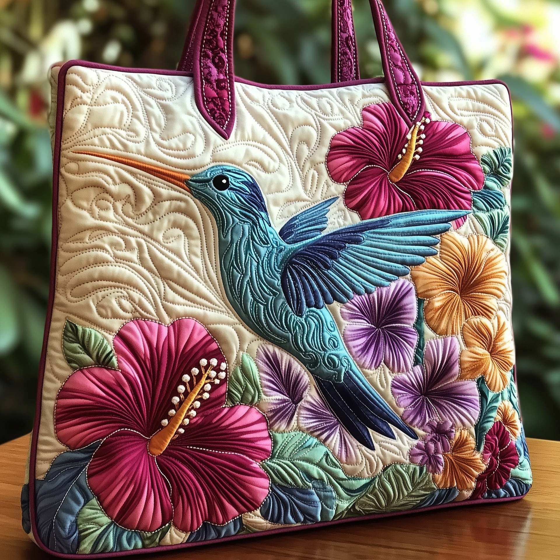 Colorful Bird Quilted Tote Bag, Floral Pattern Handbag, Blue Travel Bag