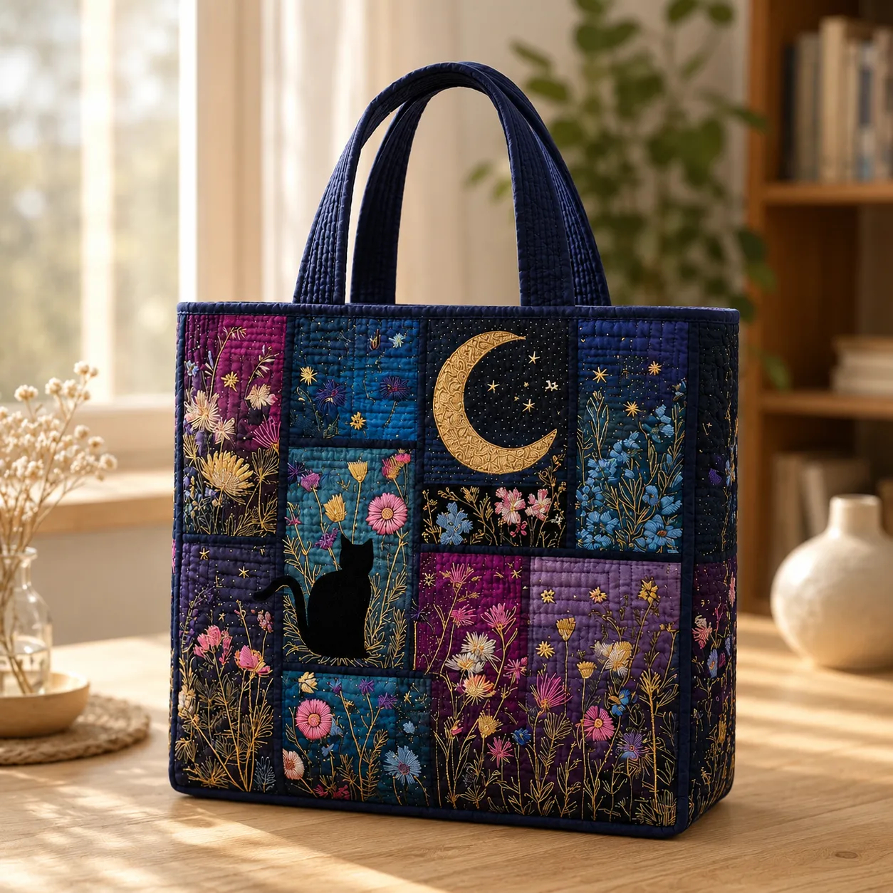 Black Cat Moon Garden Quilted Tote Bag, Floral Starry Night Cat Lover Carryall Bag
